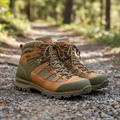 Trail Blazer Hiking Boots in earth tone brown on a rocky trail
